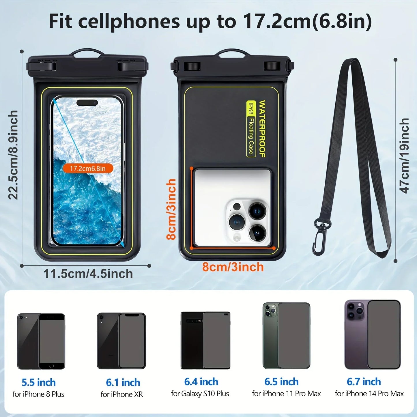IP68 Floating Waterproof Phone Pouch for Swimming & Beach (Fits up to 6.8")
