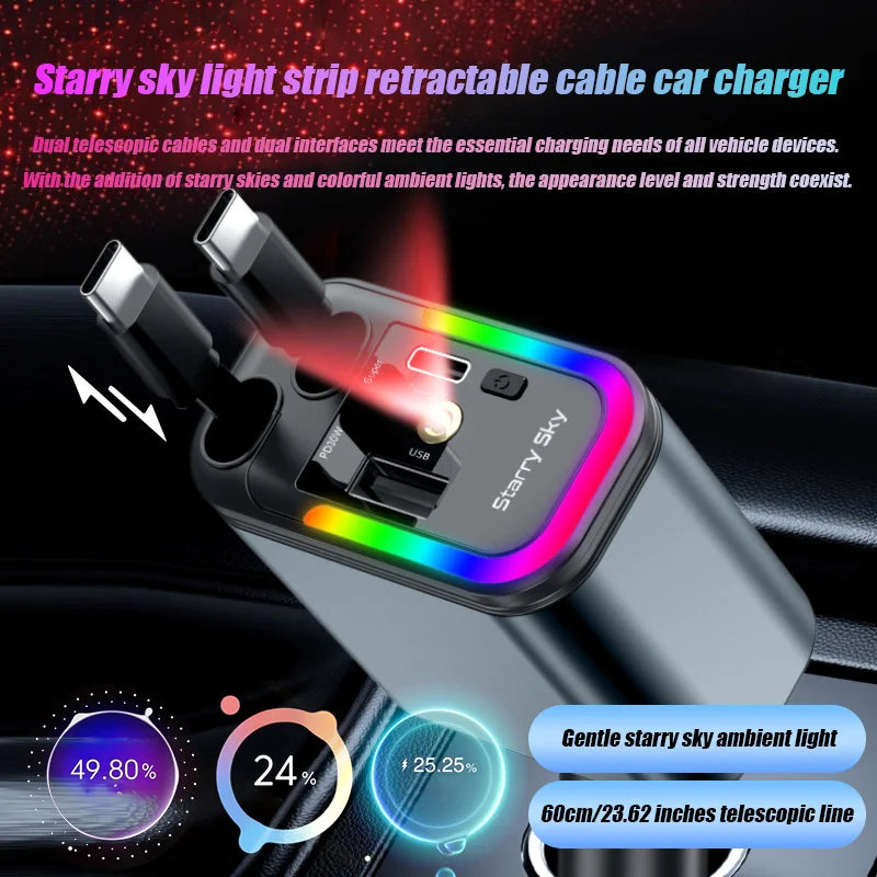 4-in-1 Retractable Car Charger 180W Fast Charging Adapter for All Phones - 5