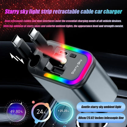 4-in-1 Retractable Car Charger 180W Fast Charging Adapter for All Phones