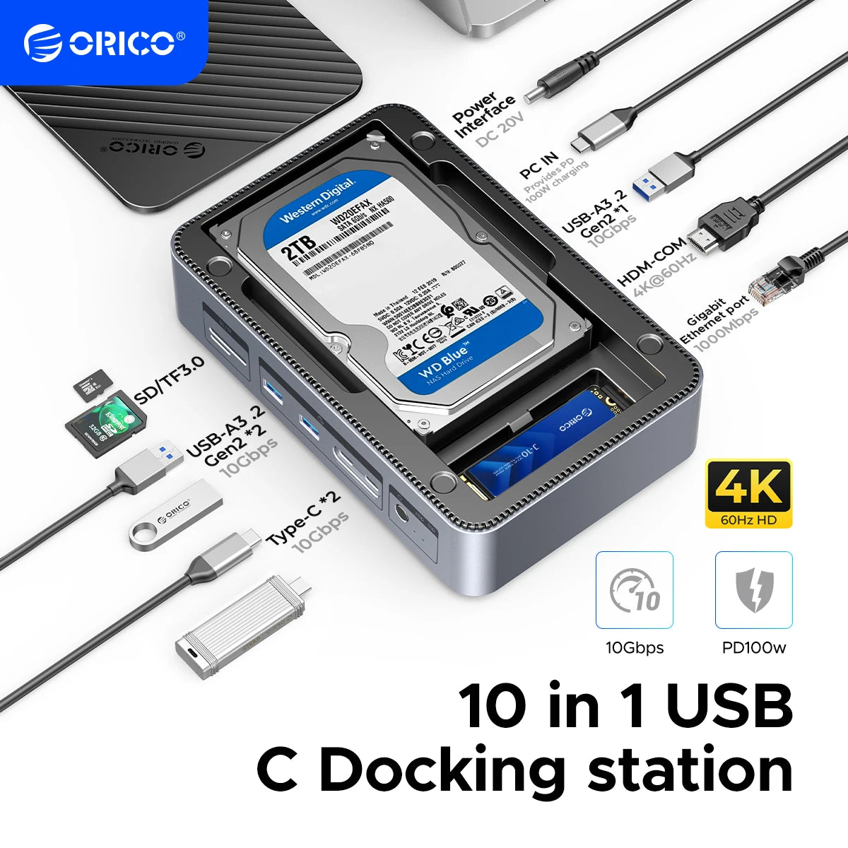 10-in-1 Dual M.2 NVMe SSD & 3.5" HDD Docking Station - 4K 60Hz HDMI PD 100W - 1