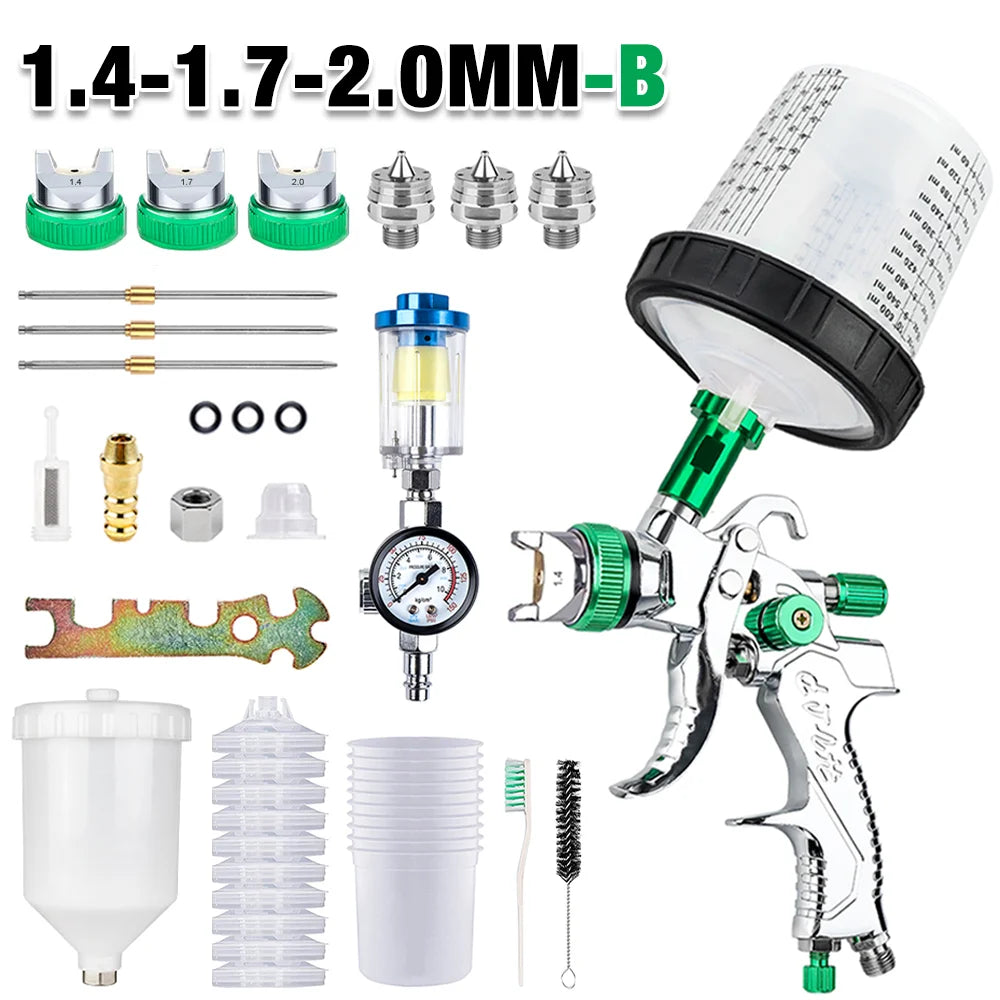 Professional HVLP Gravity Feed Spray Paint Gun Kit - 1.4/1.7/2.0mm Nozzles - 22