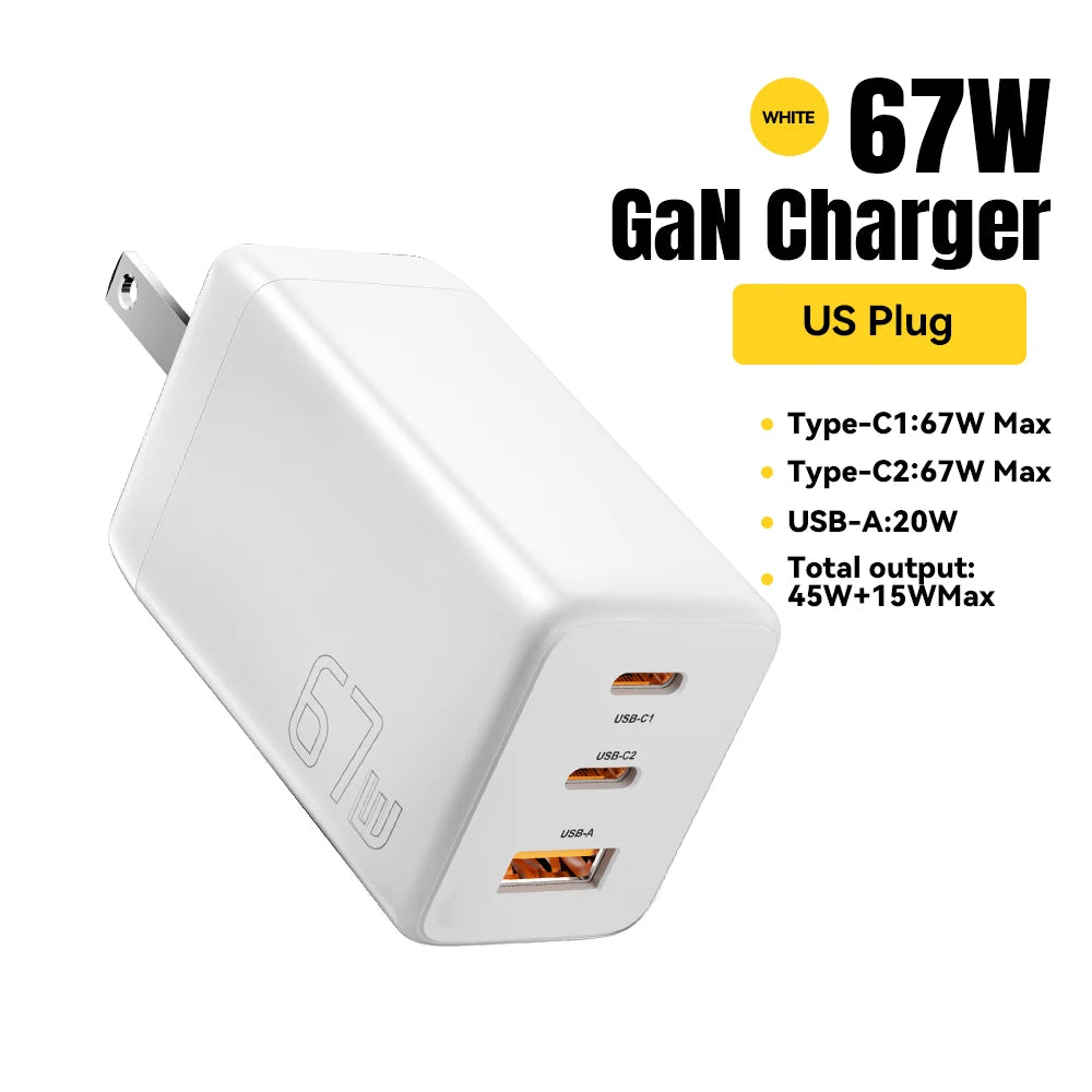 67W GaN 3-Port USB-C Fast Charger - Universal PD & QC Wall Adapter - 26