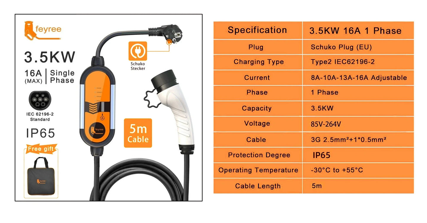 Portable 3.5KW Level 2 EV Charger - Type 2 Adjustable Charging Cable (5m)