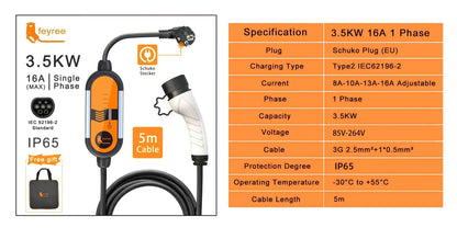 Portable 3.5KW Level 2 EV Charger - Type 2 Adjustable Charging Cable (5m)
