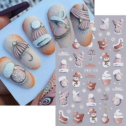 Christmas 3D Embossed Nail Art Stickers - Winter Holiday Manicure Decals