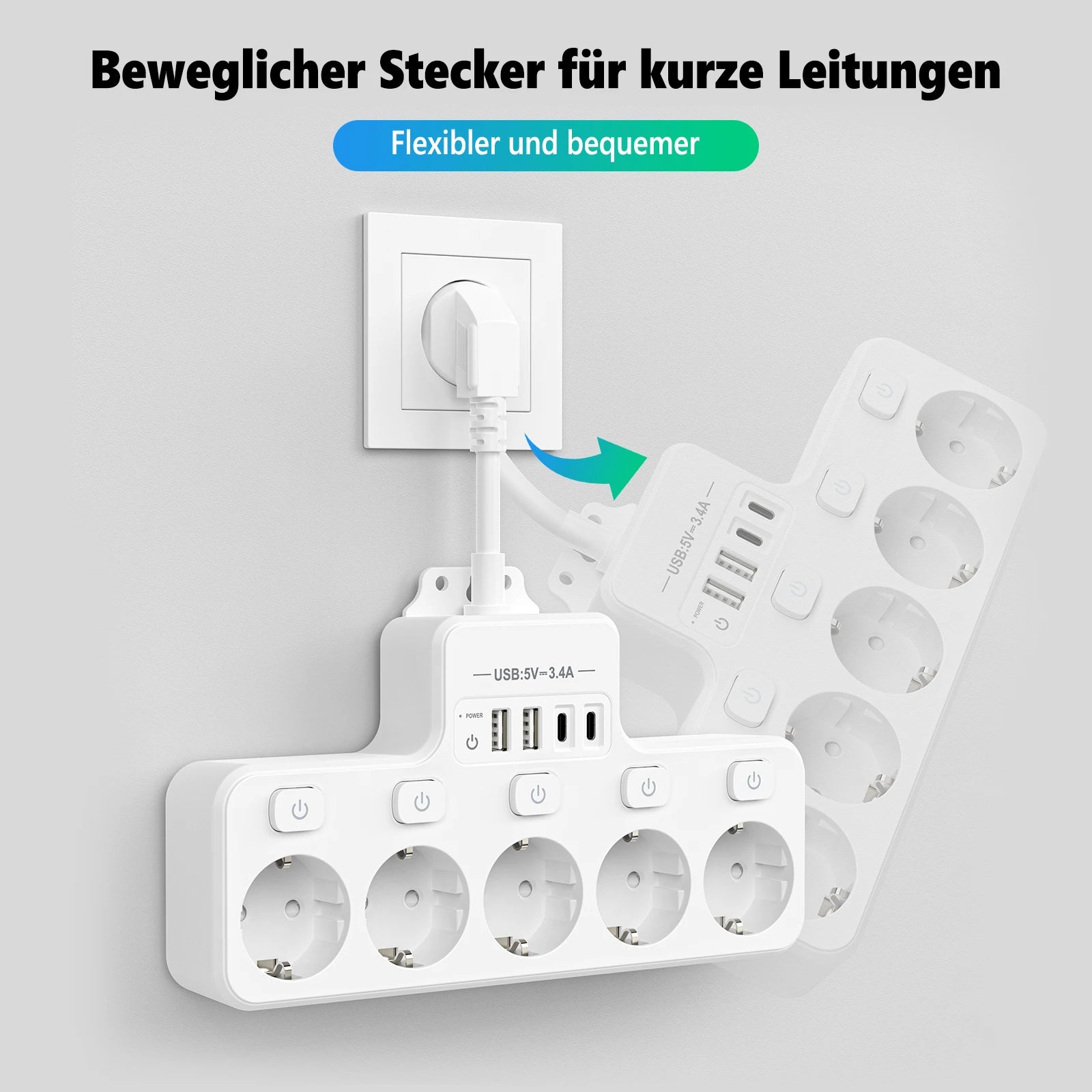 9-in-1 EU Power Strip: 5 AC Outlets & 4 USB Fast Charging Ports - 3