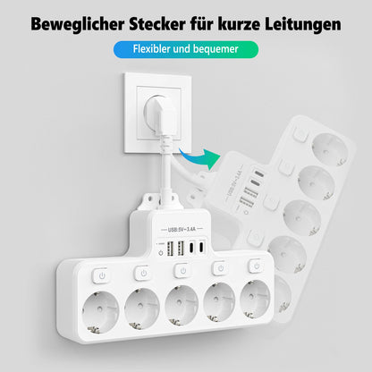 9-in-1 EU Power Strip: 5 AC Outlets & 4 USB Fast Charging Ports