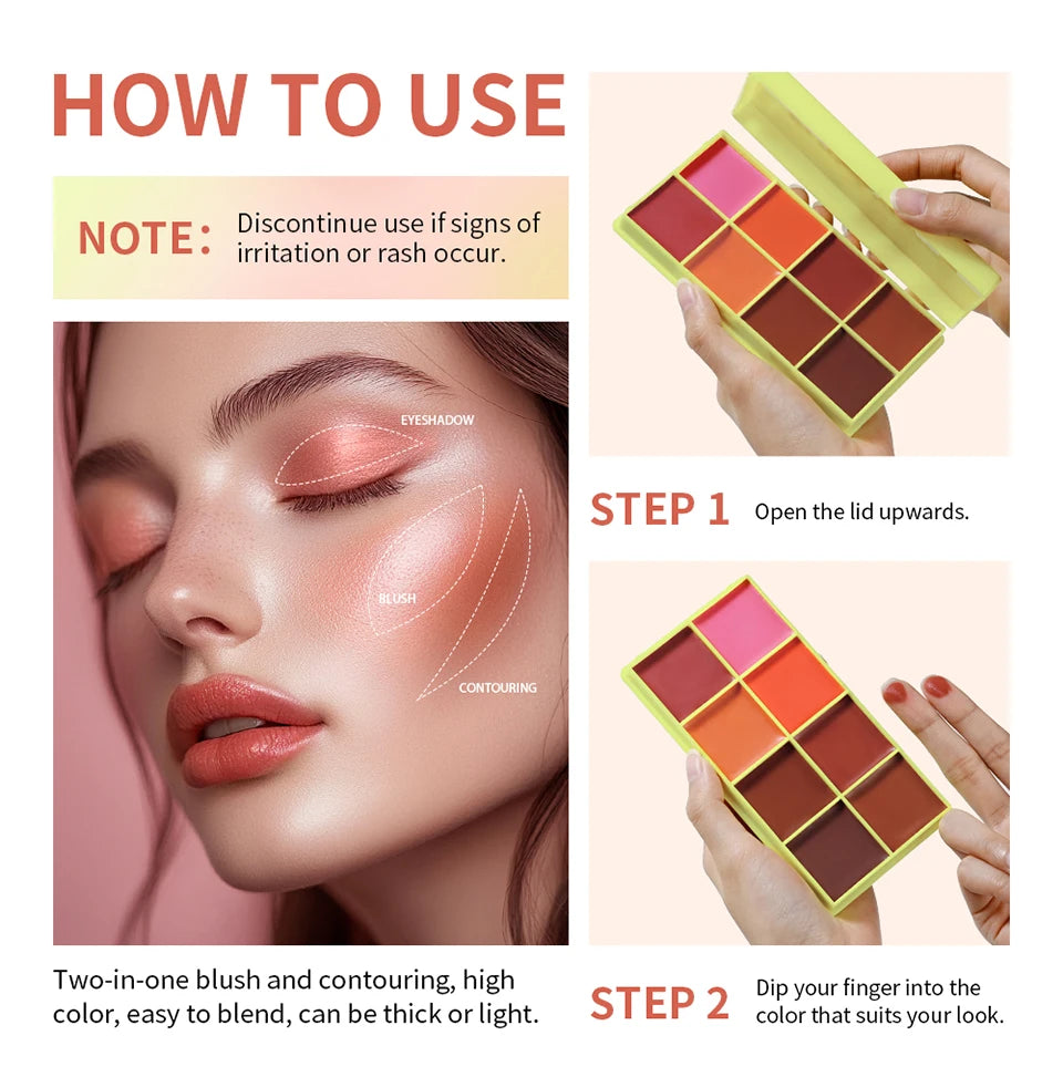 8-Color Cream Blush Palette - Long-Lasting Matte Face Makeup