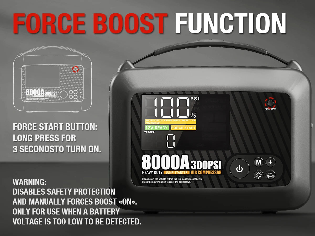 8000A Portable Car Jump Starter with Built-in Tire Air Compressor - 12
