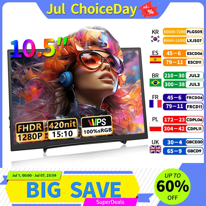 10.5" Portable IPS Monitor - 1920x1280 100% sRGB Gaming Display for Laptop - 1