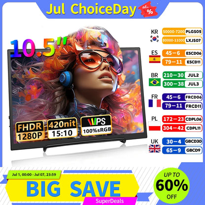 10.5" Portable IPS Monitor - 1920x1280 100% sRGB Gaming Display for Laptop