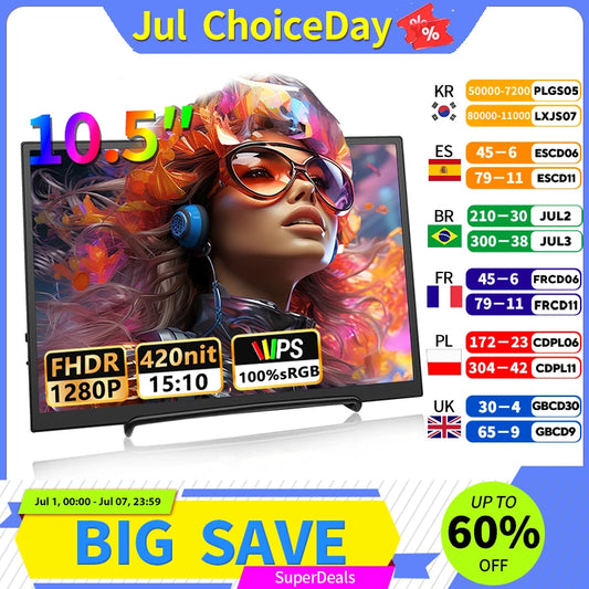 10.5" Portable IPS Monitor - 1920x1280 100% sRGB Gaming Display for Laptop