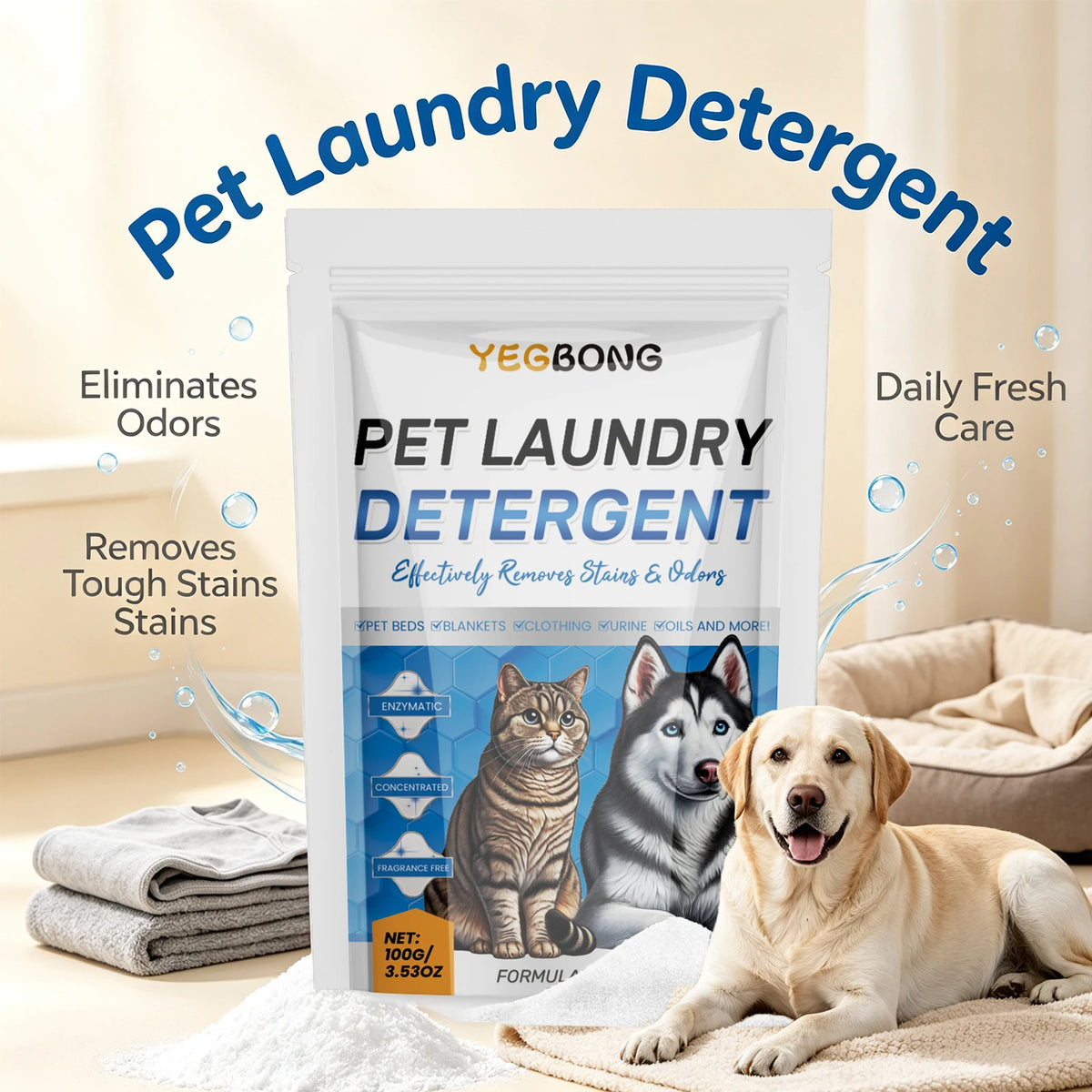 Pet Laundry Stain & Odor Remover Enzyme Detergent Powder for Bedding and Clothing