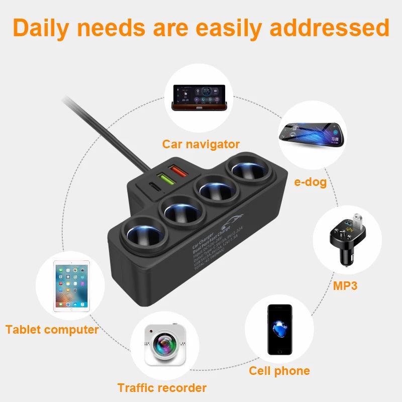 120W Super Fast Car Charger with 4-Port USB C Multi-Device Adapter - 5