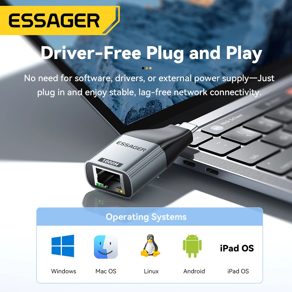 USB-C to Gigabit Ethernet Adapter - High-Speed RJ45 Wired Network Converter