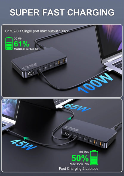 175W GaN 6-Port USB-C Desktop Fast Charger with LED Digital Display