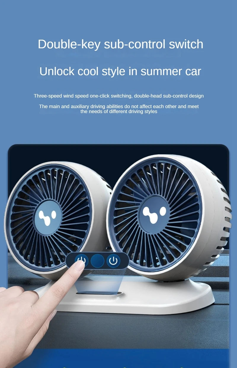 Dual Head USB Car Fan - 3-Speed 360° Adjustable Dashboard Fan