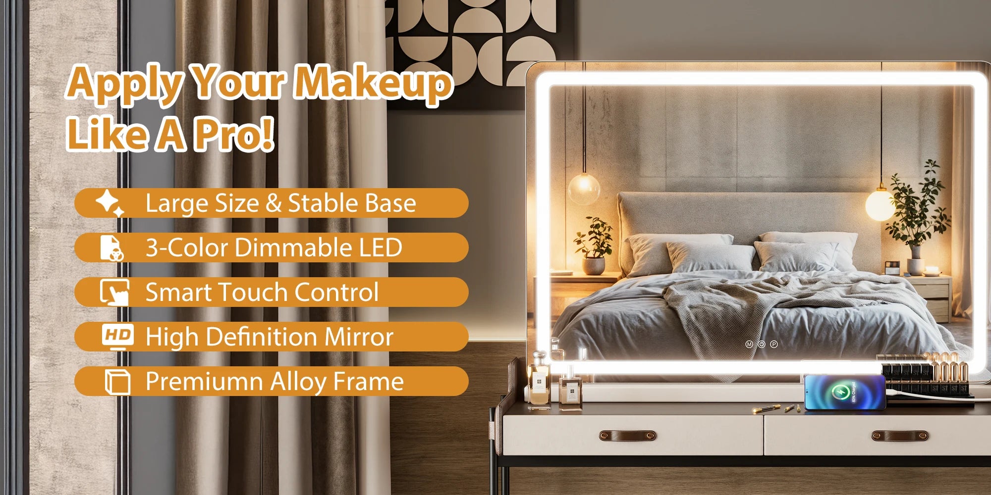 LED Vanity Mirror with Lights - Adjustable 3-Color Dimmable Makeup Mirror - 9