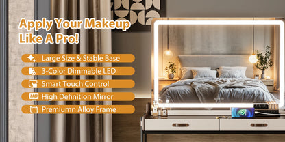 LED Vanity Mirror with Lights - Adjustable 3-Color Dimmable Makeup Mirror