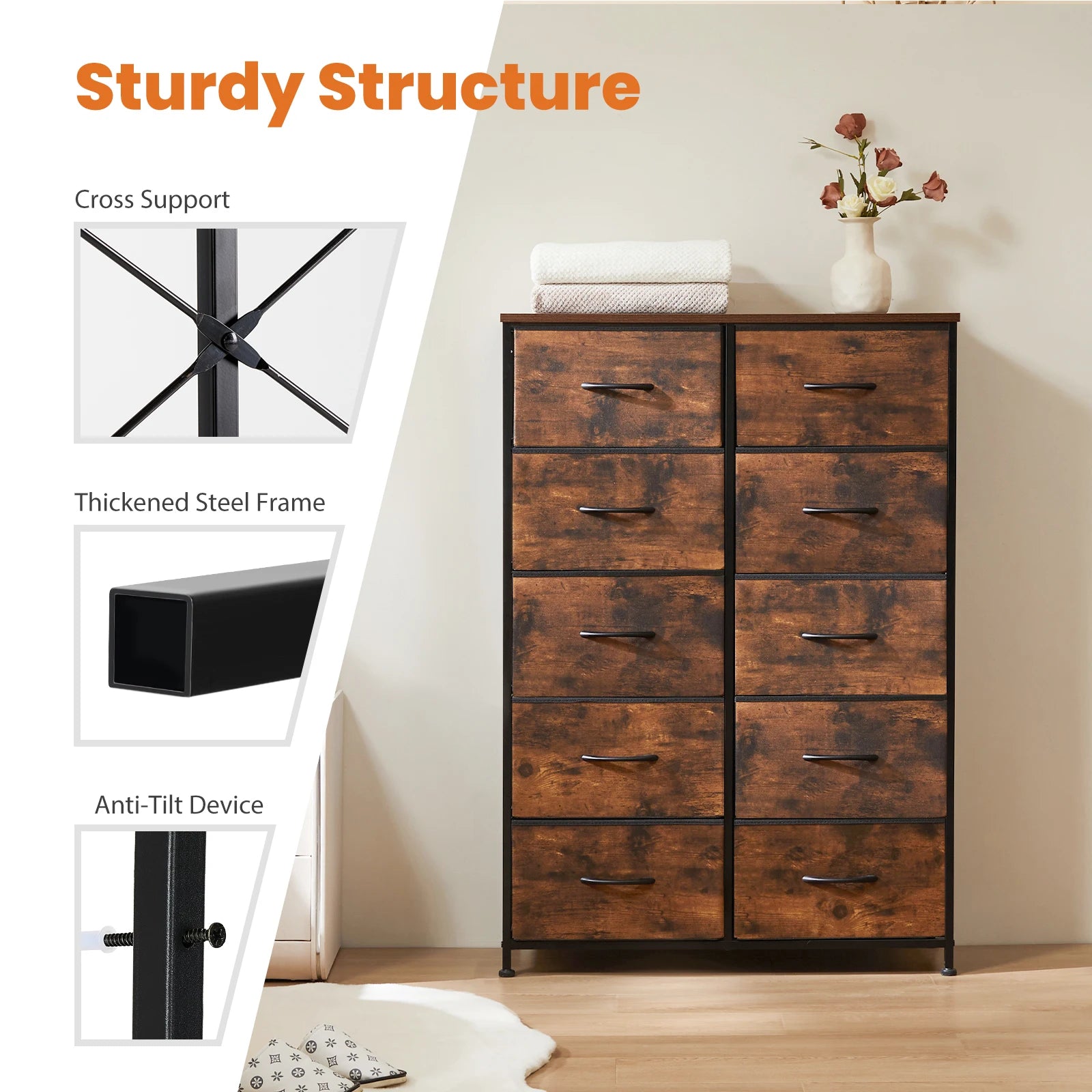 10-Drawer Fabric Dresser Storage Organizer with Sturdy Steel Frame - 5
