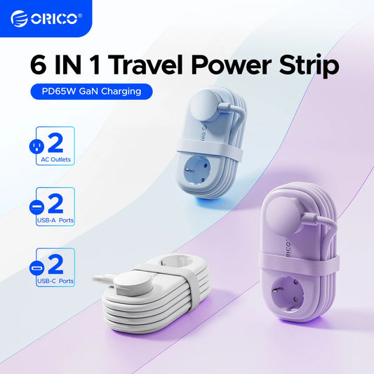 65W GaN Fast Charging Power Strip - 6-in-1 Compact Travel Charger & Adapter