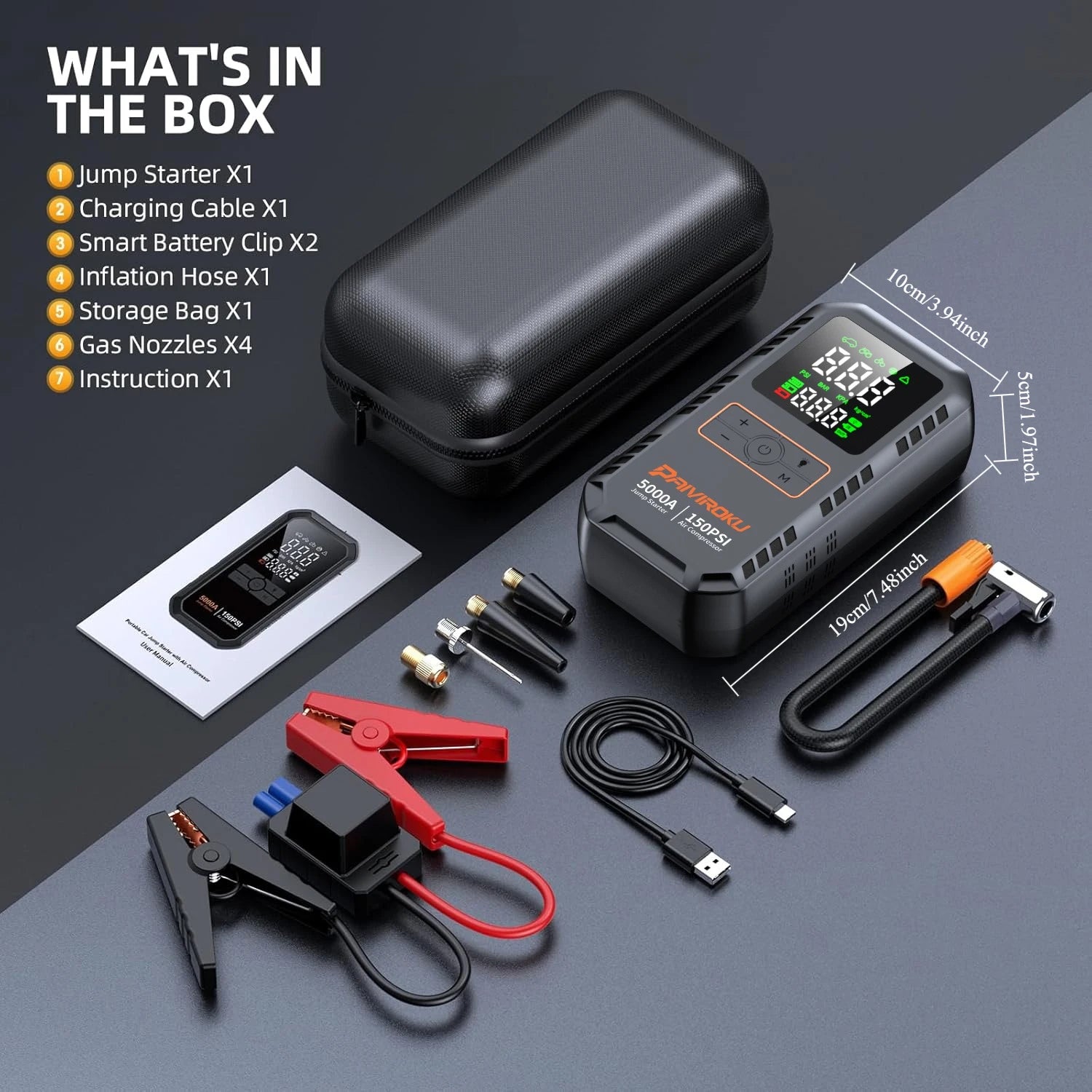 4-in-1 Portable Car Jump Starter with Tire Inflator & 150PSI Air Compressor - 22
