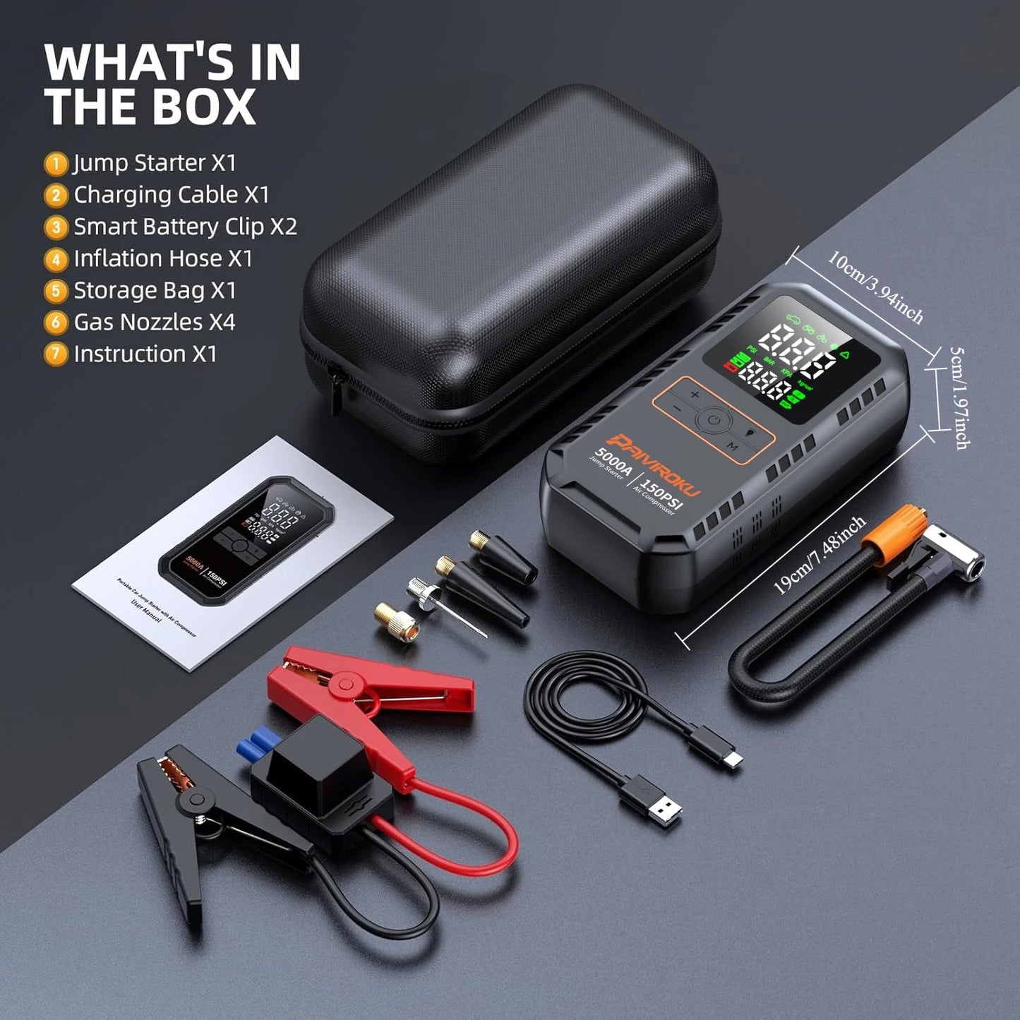 4-in-1 Portable Car Jump Starter with Tire Inflator & 150PSI Air Compressor