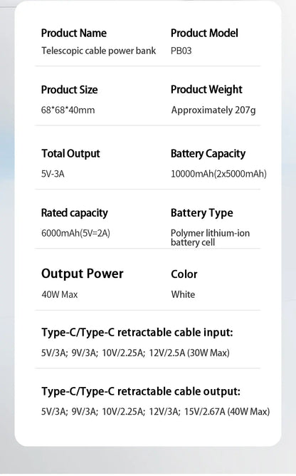 40W Fast Charging 10000mAh Power Bank with Built-in Retractable Cable