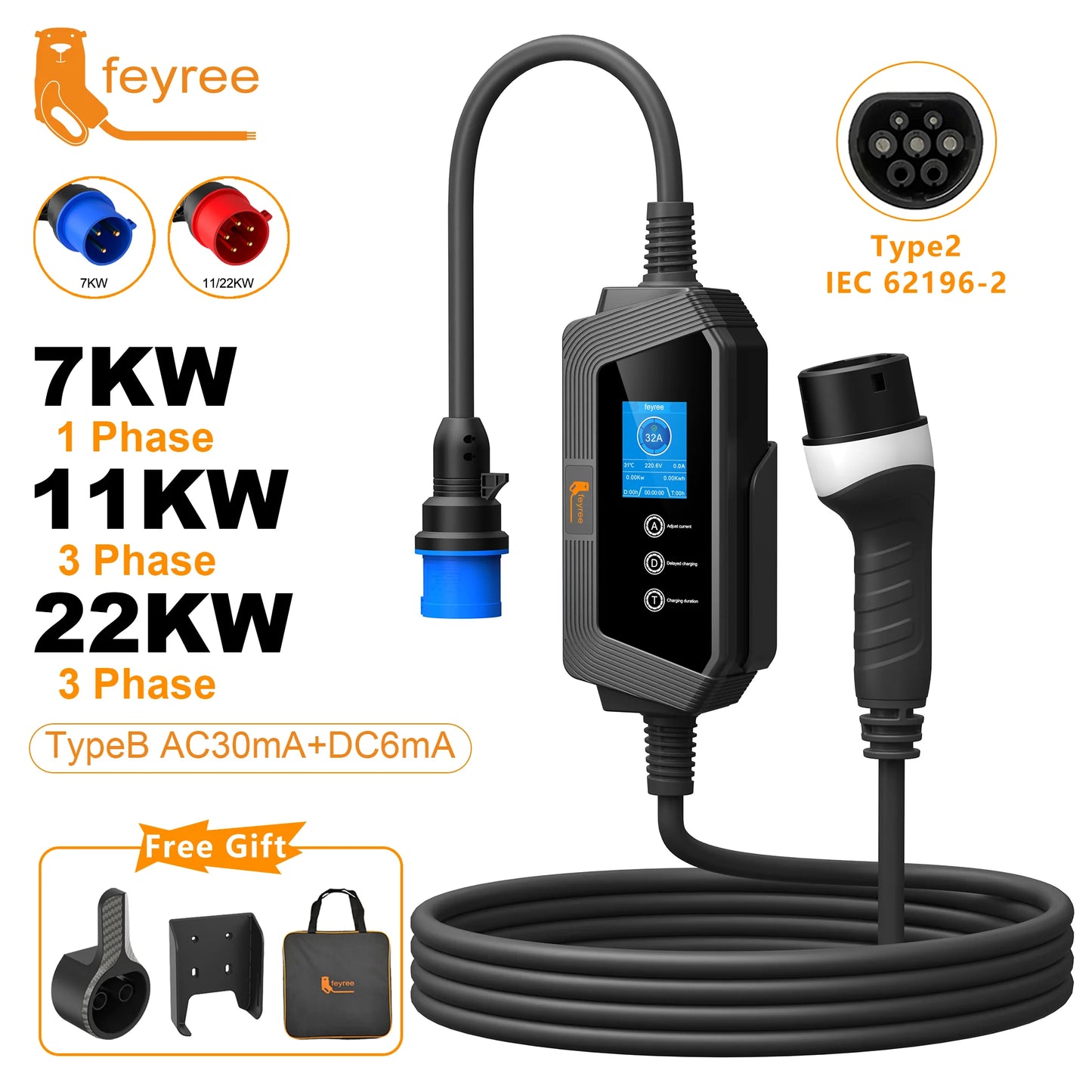 Portable Type 2 EV Charger - 7KW/11KW/22KW Fast Charging Cable