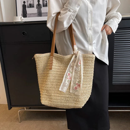 Lace Woven Straw Tote