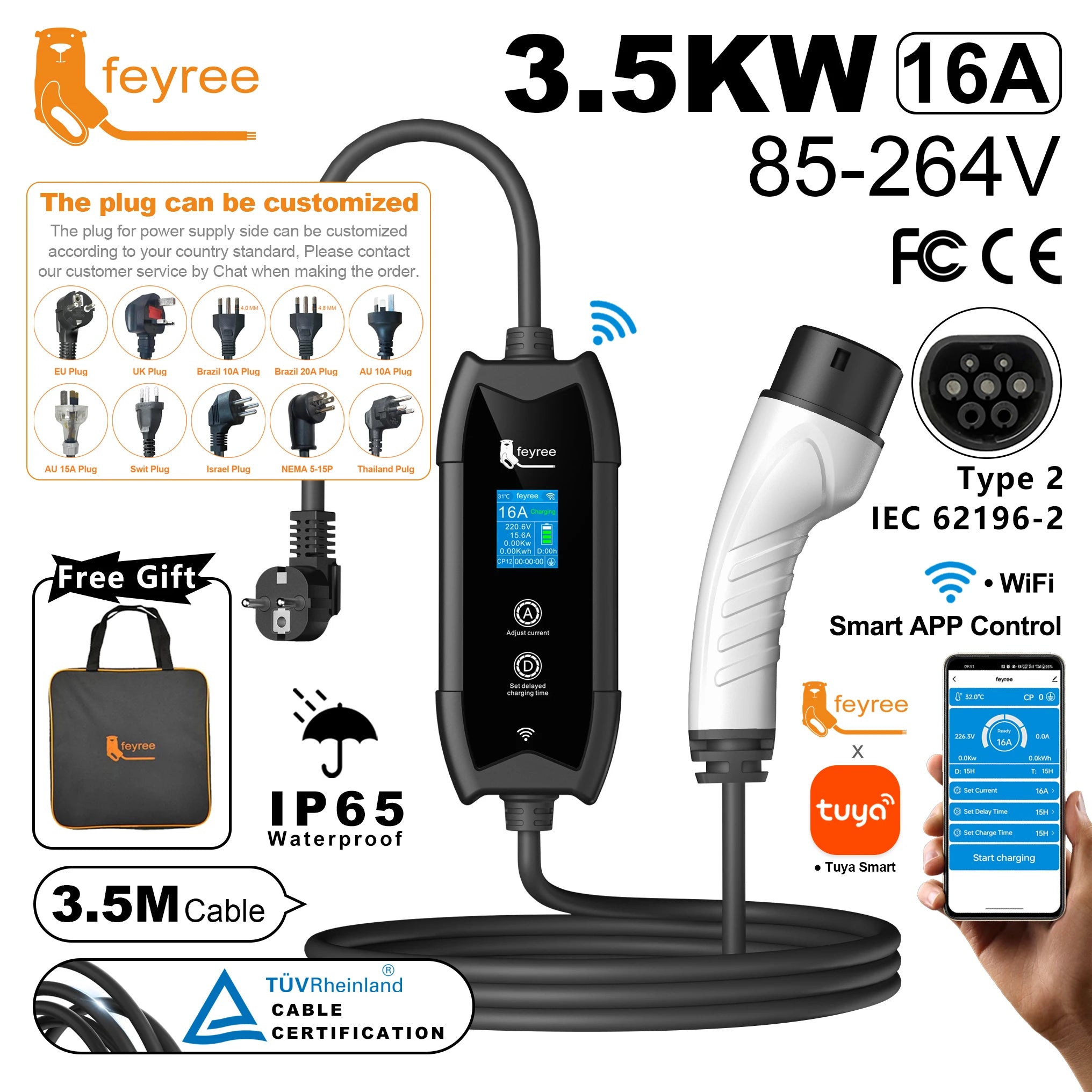 Portable Type 2 EV Charger - 3.5KW Smart App Controlled Fast Charging Cable - 25