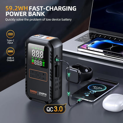 5000A Car Jump Starter with 150PSI Air Compressor & Portable Power Bank