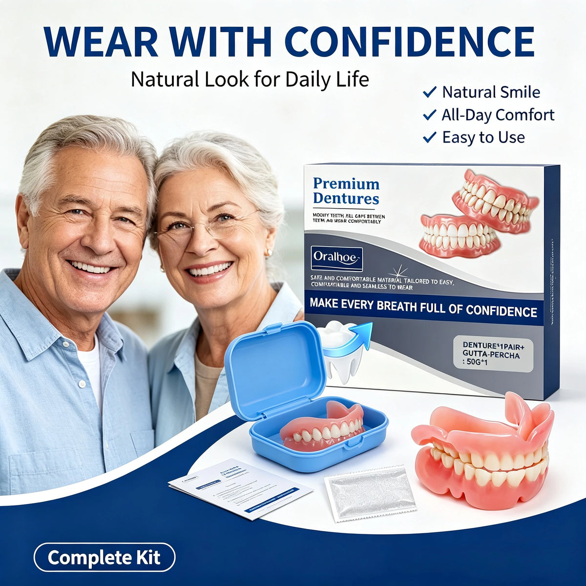 Comfort Fit Snap-On Dentures - Natural Realistic Teeth Set for Instant Smile
