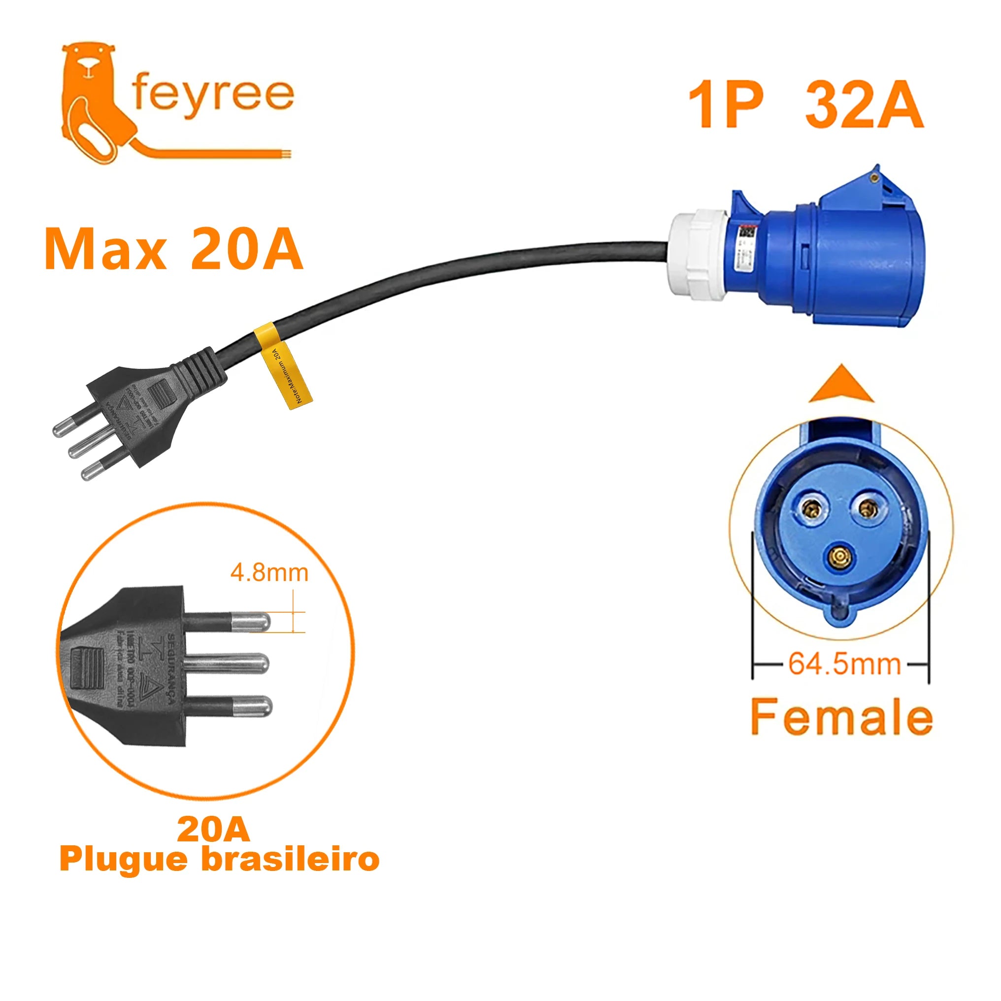EV Charger CEE Female to Brazil 10A/20A Plug Adapter 7KW Portable Cable - 6