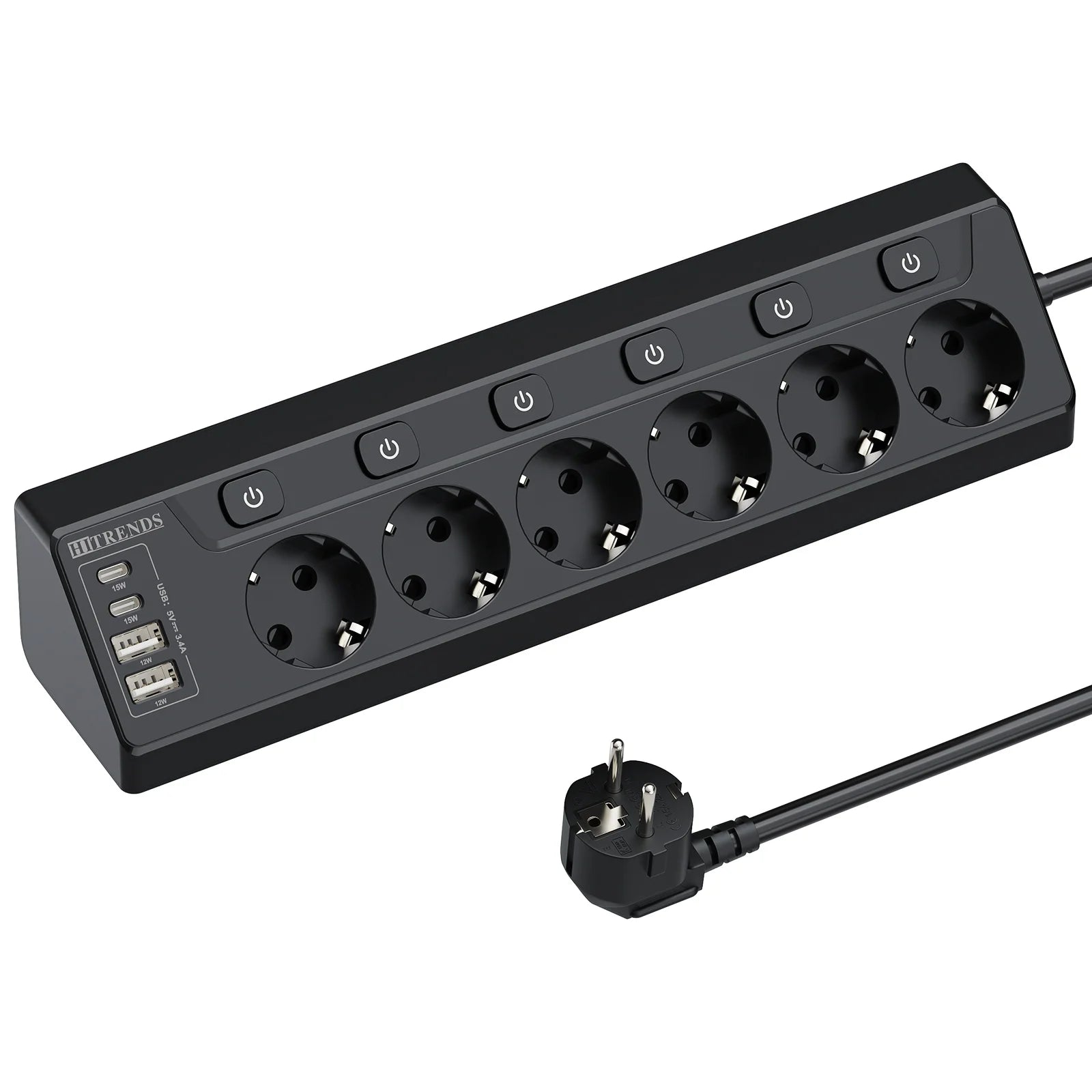 6-Outlet European Power Strip with 4 USB Fast Charging Ports & 2m Cord - 15