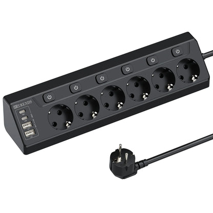 6-Outlet European Power Strip with 4 USB Fast Charging Ports & 2m Cord