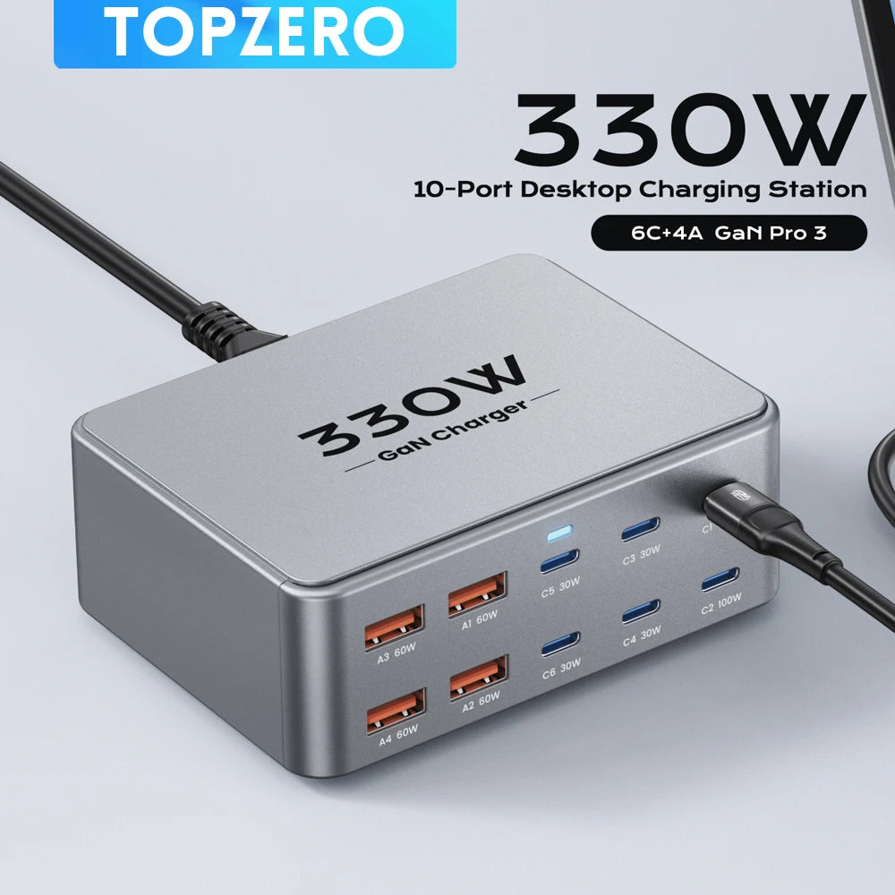 330W 10-Port GaN Desktop Fast Charger - PD 100W USB-C Charging Station - 1