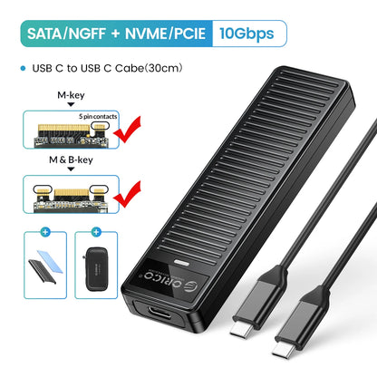 M.2 NVMe SATA SSD Enclosure 10Gbps USB 3.2 Tool-Free External Drive Case