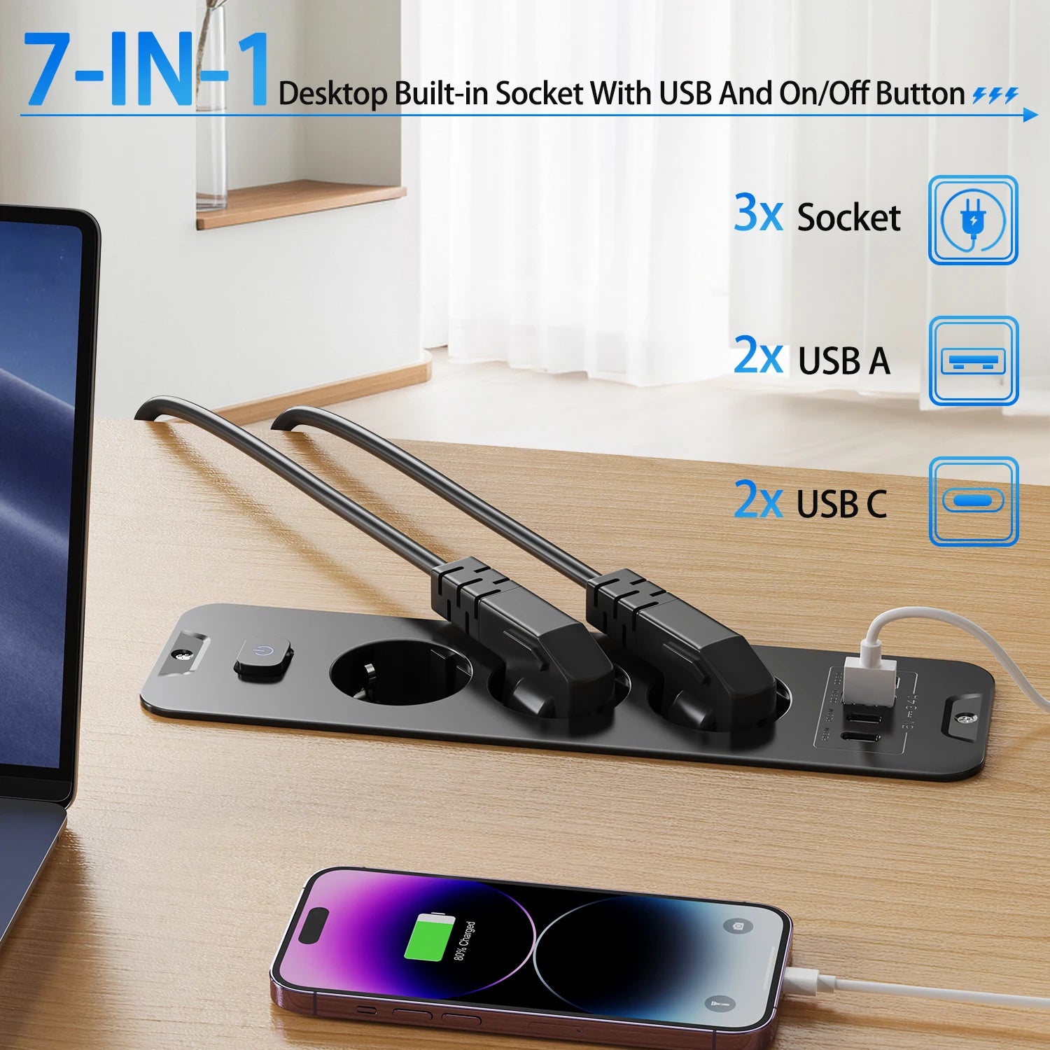7-in-1 Ultra-Thin Desktop Power Strip with 20W USB-C Fast Charging - 7