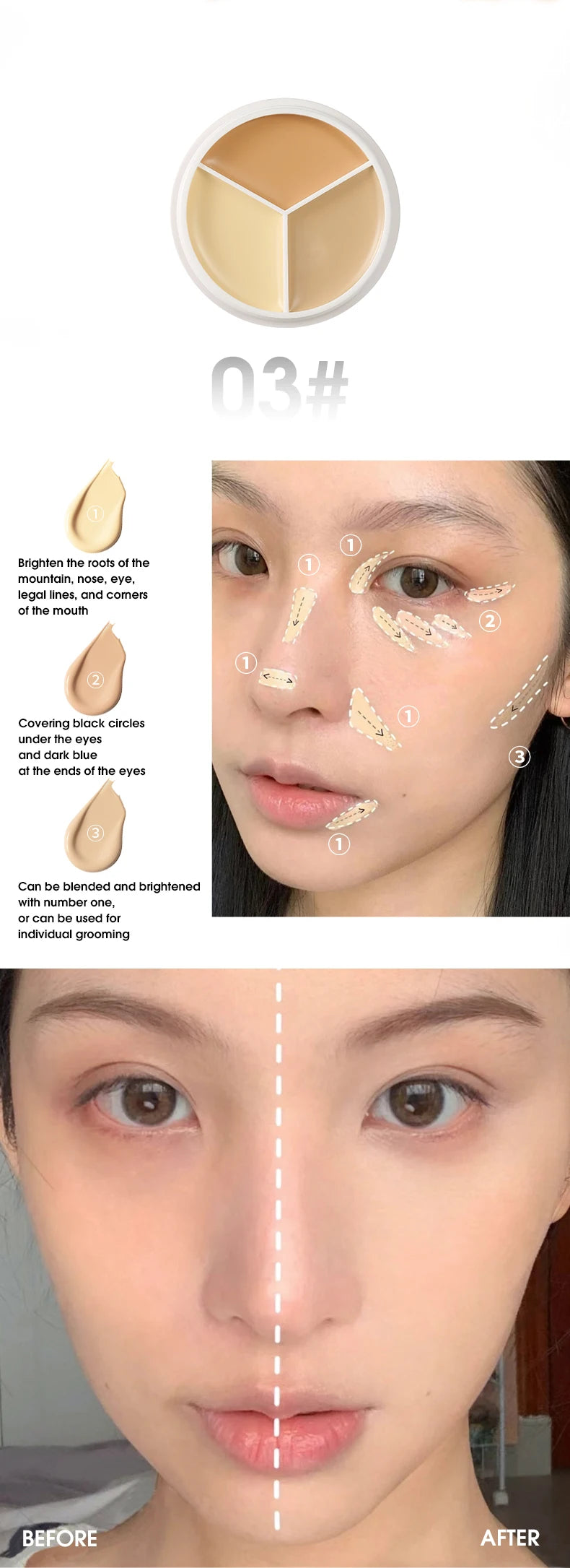 3-Color Cream Concealer Palette for Flawless Skin & Dark Circles - 13