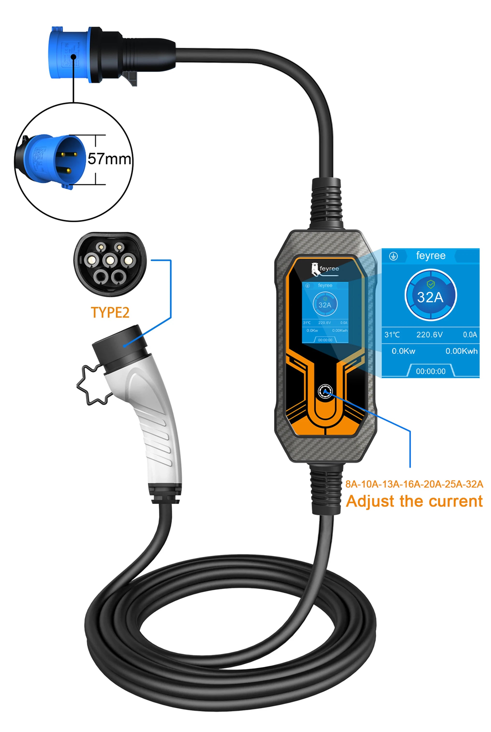 7KW Portable EV Charger Type 2, Adjustable 32A Electric Car Charging Cable - 12
