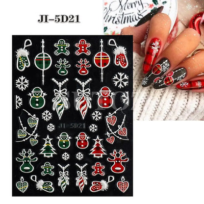 5D Embossed Christmas Nail Art Stickers - Winter Holiday Snowflake & Santa Decals
