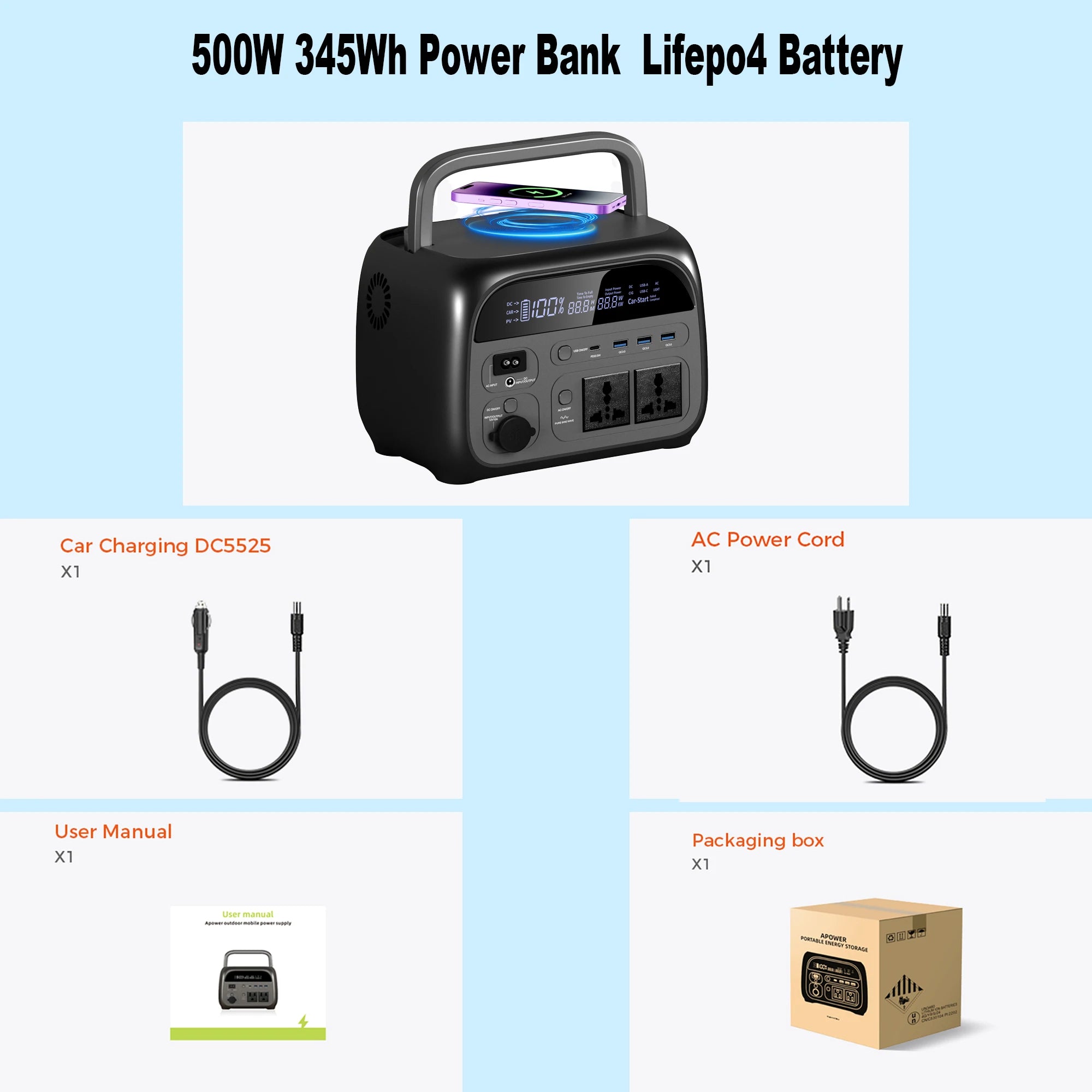 500W Portable Power Station 346Wh LiFePO4 Battery Solar Generator - 28