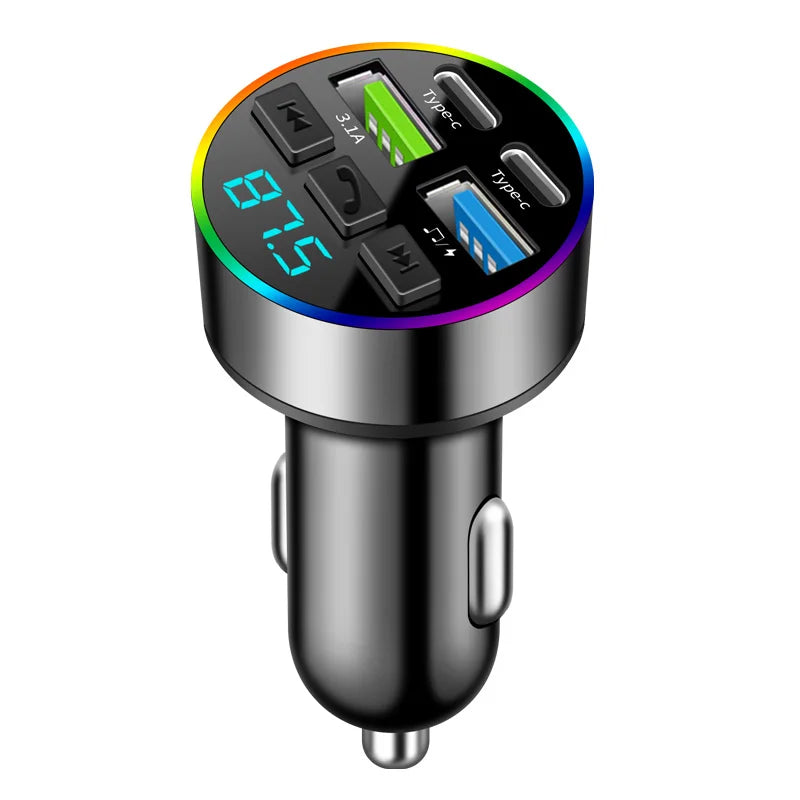 66W Fast Charge Bluetooth FM Transmitter - 4-Port Car MP3 Player Adapter