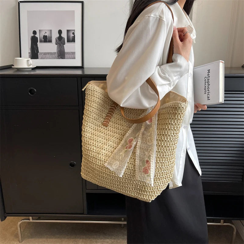 Lace Woven Straw Tote