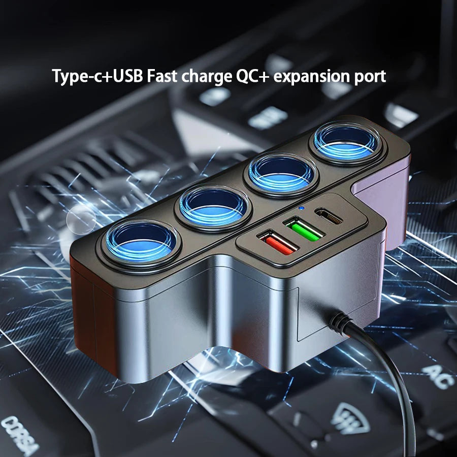 120W 4-Port Fast Car Charger - USB & Type-C Multi-Device Power Adapter - 9
