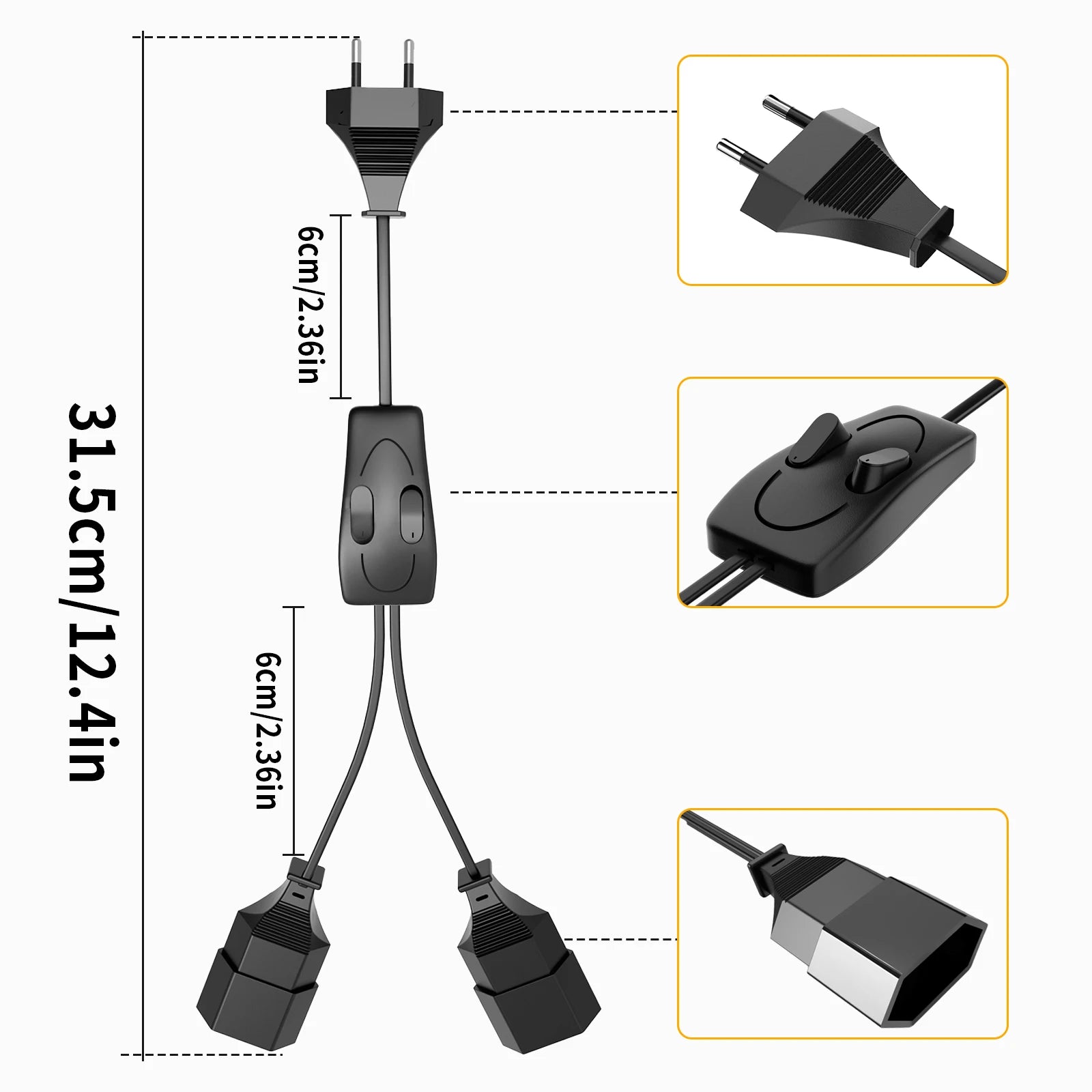 German Standard Dual Socket Extension Cable - Compact 2-Way Power Splitter - 9