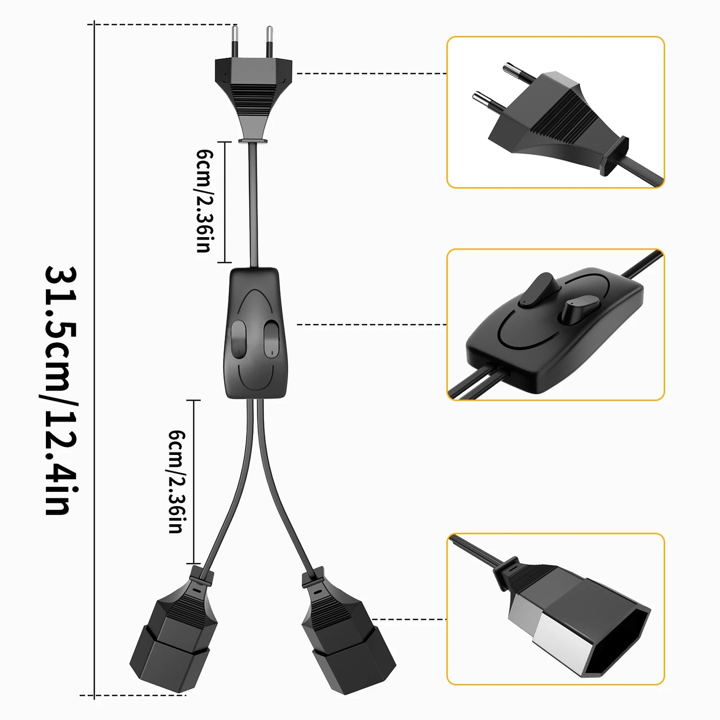 German Standard Dual Socket Extension Cable - Compact 2-Way Power Splitter