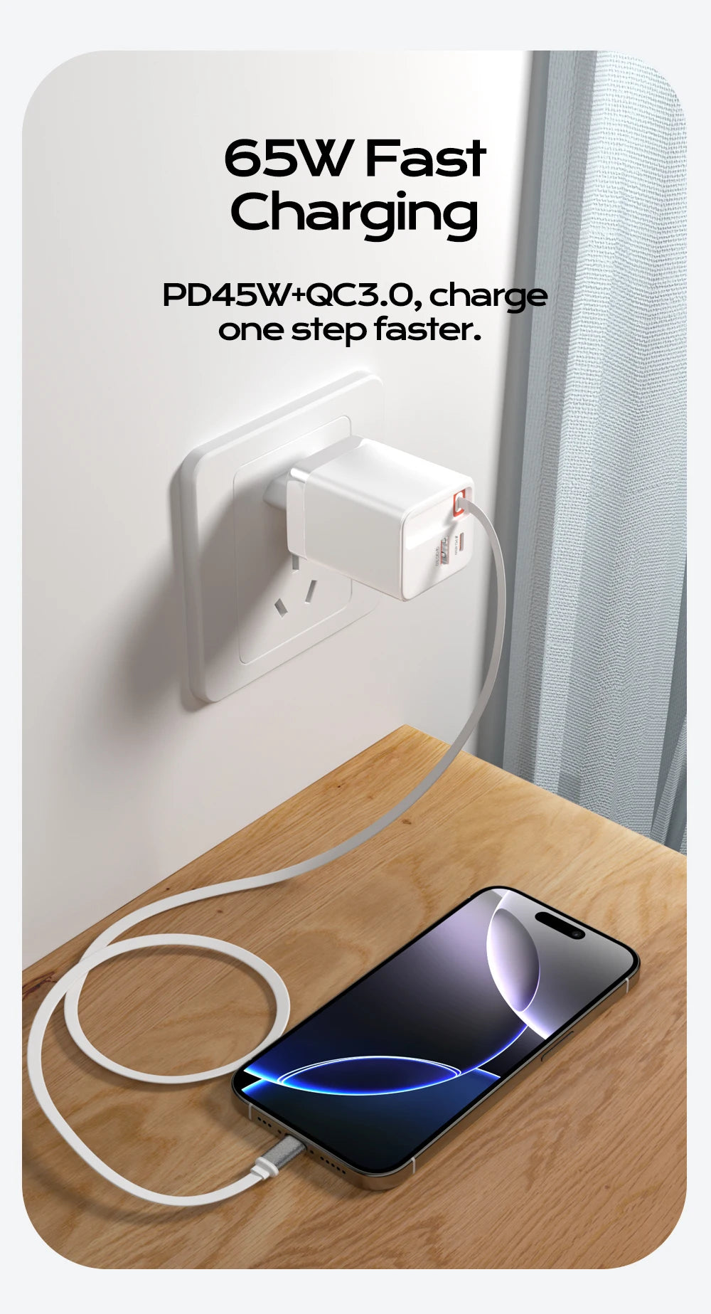 65W Retractable USB-C Fast Charger - Portable PD Travel Adapter for Laptop - 8