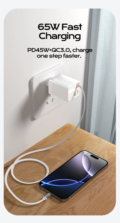 65W Retractable USB-C Fast Charger - Portable PD Travel Adapter for Laptop